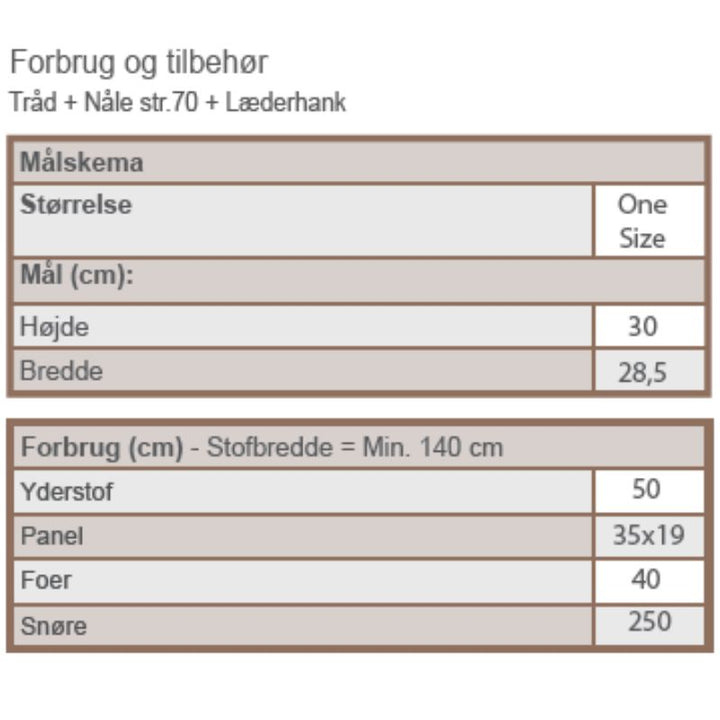 Forbrug og målskema til at sy en taske med snørelukning ud fra Line2Line A909