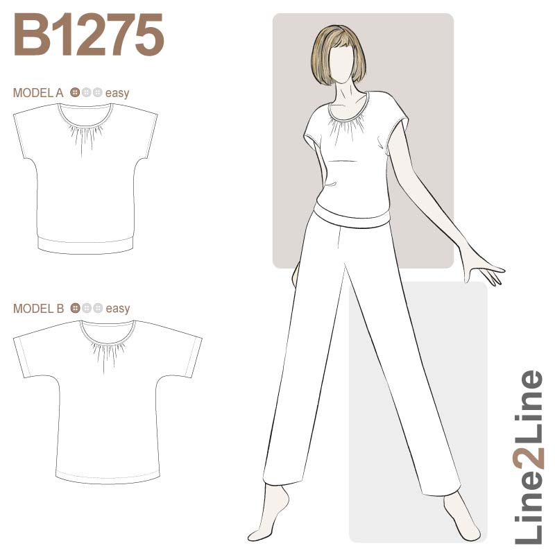 Line2Line B1275 Bluse med vingeærme, rynk og rib - KreStoffer