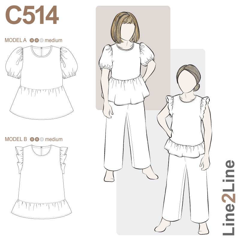 Line2Line C514 Peblum top / bluse med pufærmer - Børn - KreStoffer
