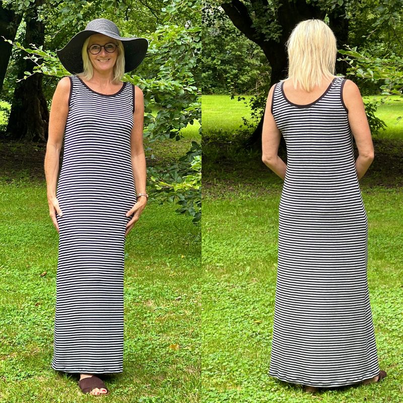 Stribet viscose jersey i sort og gråmeleret