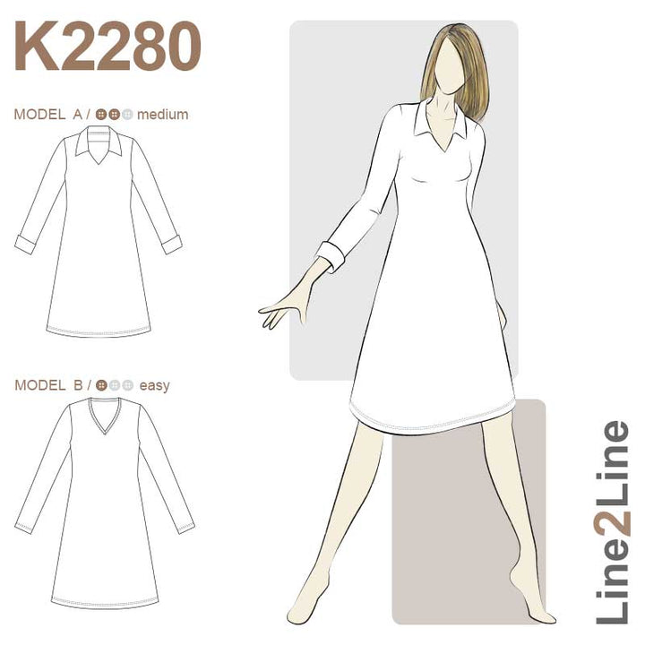 Line2Line K2280 Kjole med V-hals, krave og ærmeslidser
