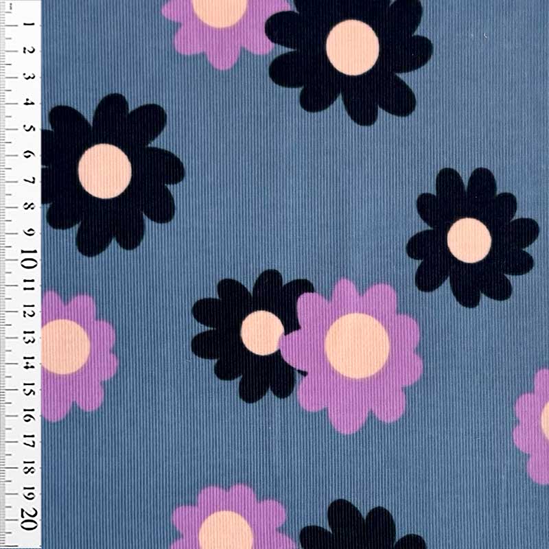 Babyfløjl med printet blomster i blålilla
