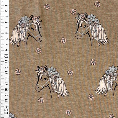 Meleret jersey med hestehoved og glitterblomst, beige