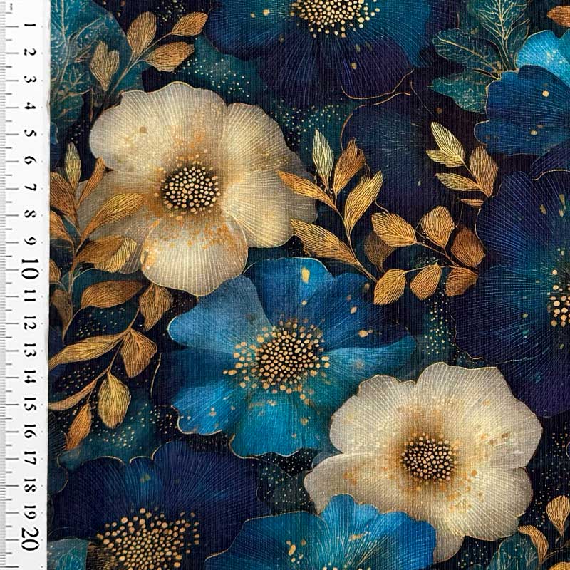 Digital bomuldsjersey med blå guld blomster