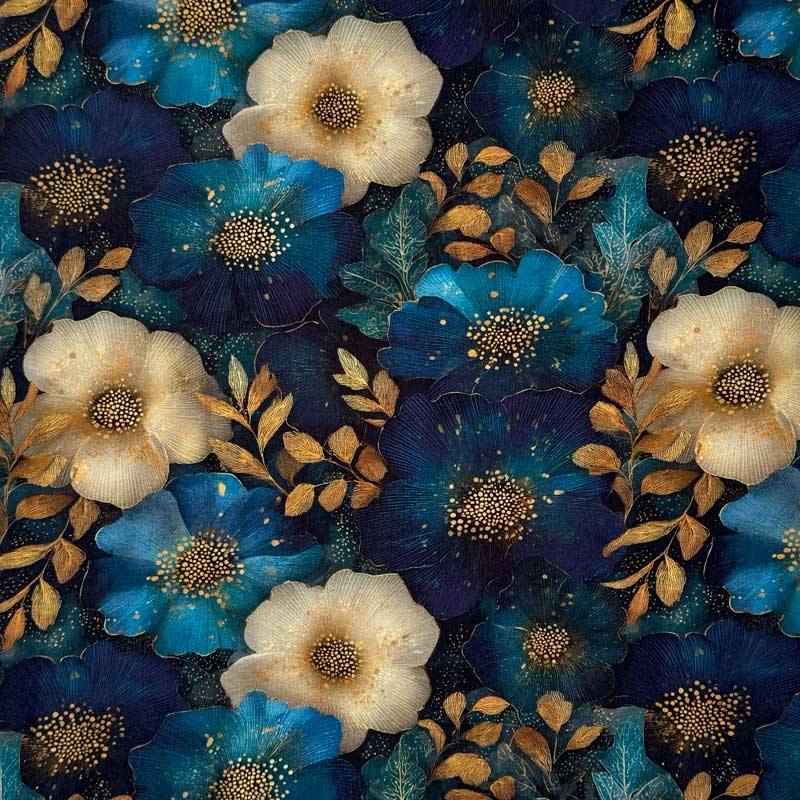 Digital bomuldsjersey med blå guld blomster