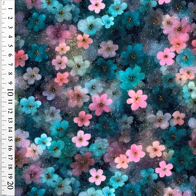 Digital bomuldsjersey med romantisk glitter blomster