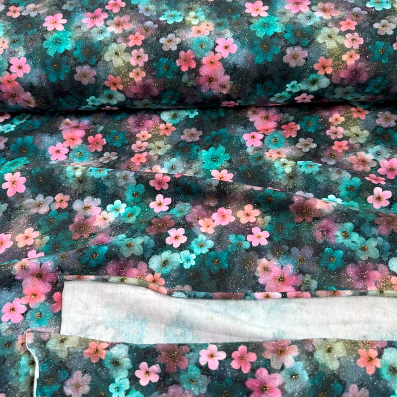 Digital bomuldsjersey med romantisk glitter blomster