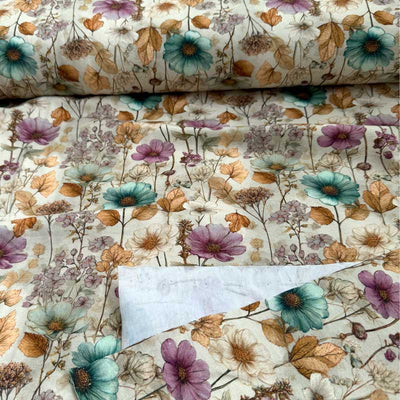 Digital bomuldsjersey med elegante romantiske blomster