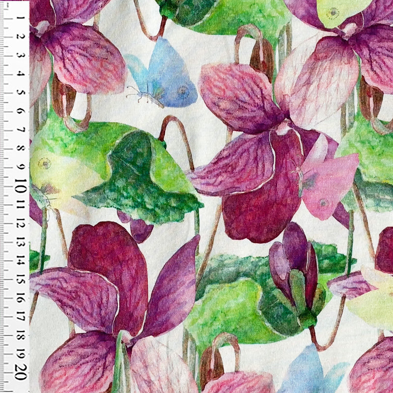 Digital bomuldsjersey med lilla blomst og grønt blad