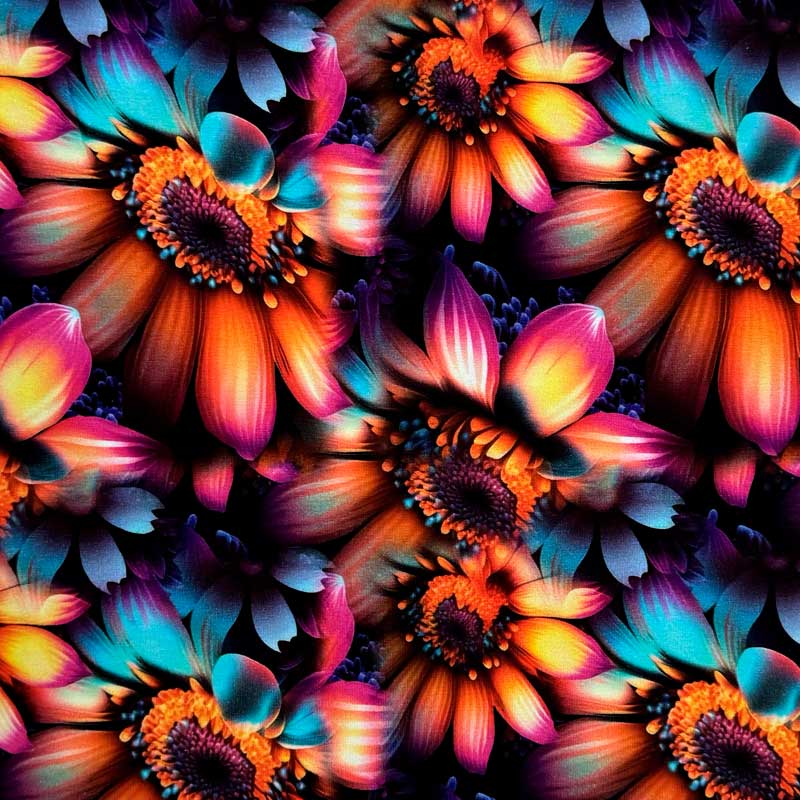 Digital bomuldsjersey med farverige fantasiblomster