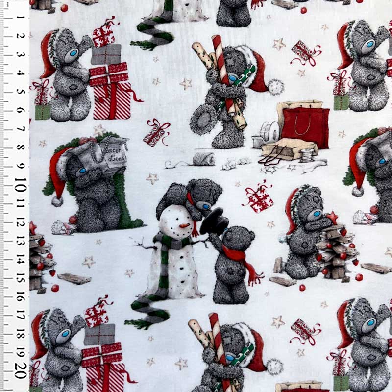 Digital bomuldsjersey med snemand og bamse i julehumør i hvid