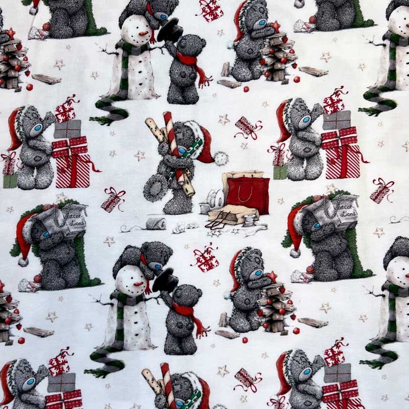Digital bomuldsjersey med snemand og bamse i julehumør i hvid