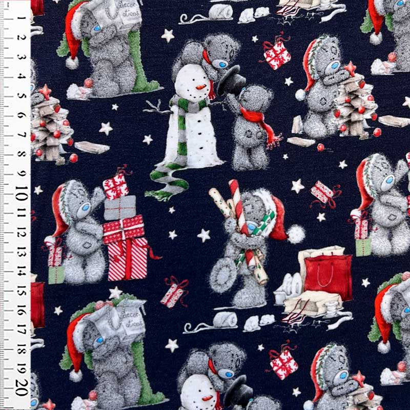 Digital bomuldsjersey med snemand og bamse i julehumør i marine