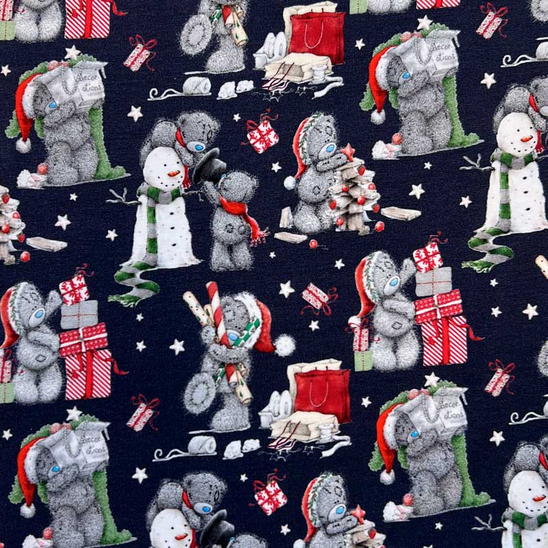 Digital bomuldsjersey med snemand og bamse i julehumør i marine