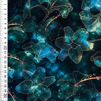 Digital bomuldsjersey med blomster og guldstænk