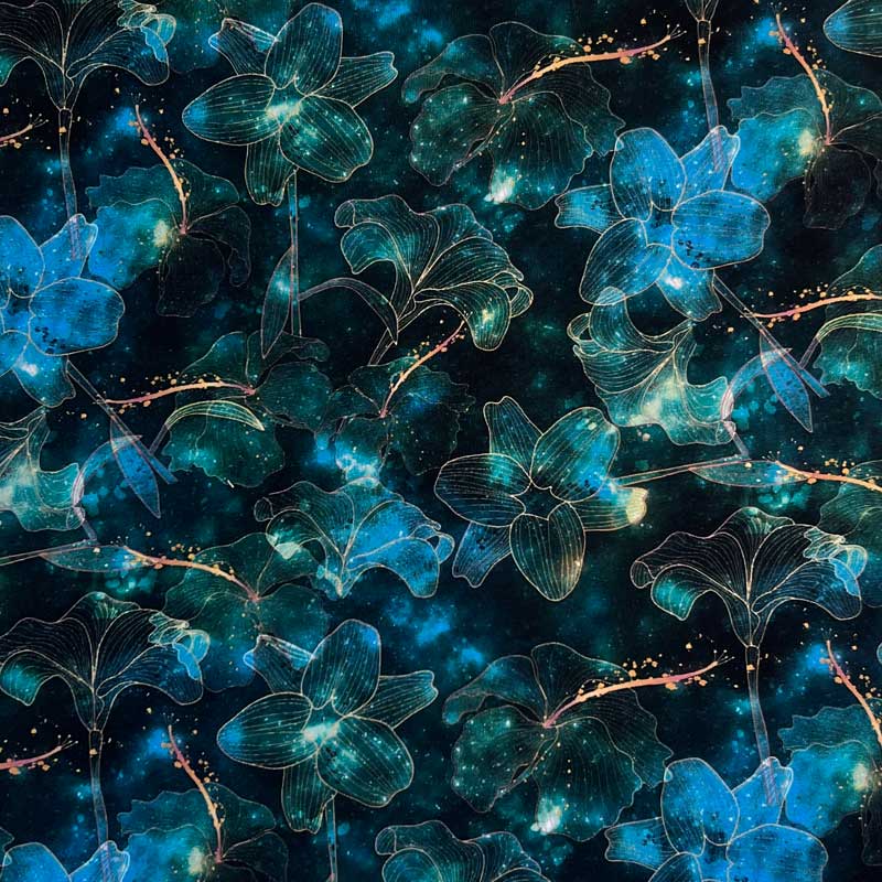 Digital bomuldsjersey med blomster og guldstænk