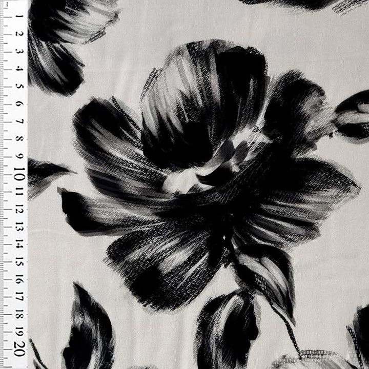 Fast digital viscose med store blomster i hvid
