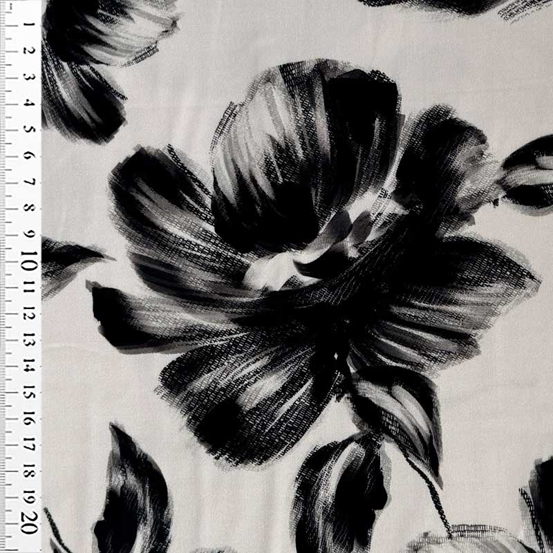 Fast digital viscose med store blomster i hvid