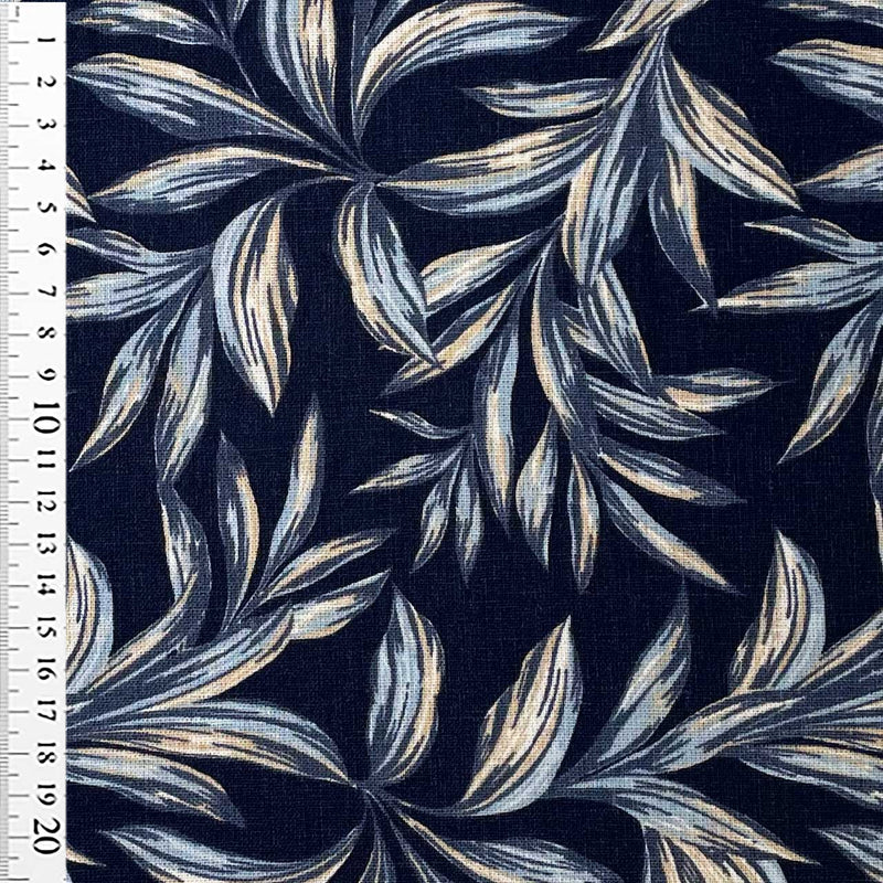 Fast hør / viscose med palme blade, marine