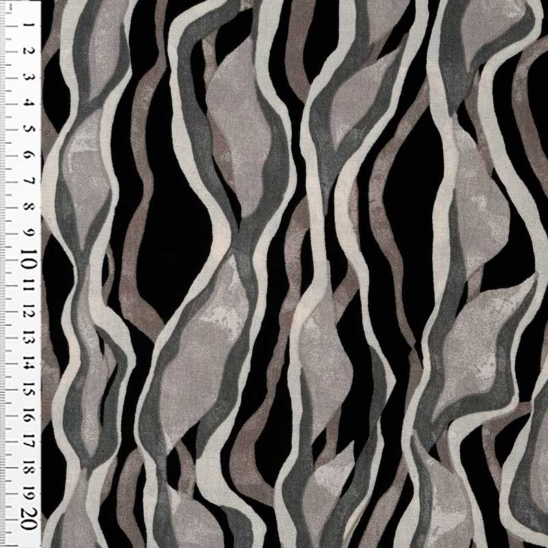 Digital viscose satin med beige og grå grafik