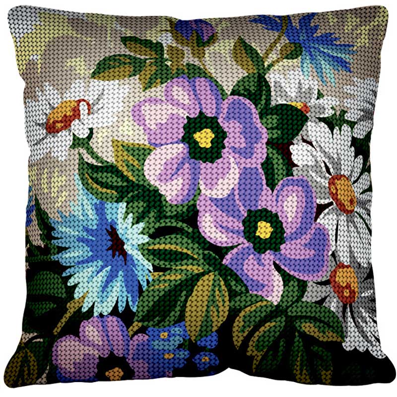 Påtrykt broderikit Margot pude med stedmoderblomst