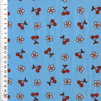 Rib jersey med blomster og kirsebær på blå bund - KreStoffer