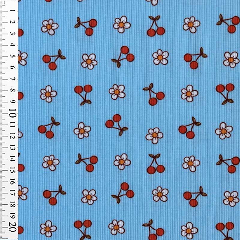 Rib jersey med blomster og kirsebær på blå bund - KreStoffer