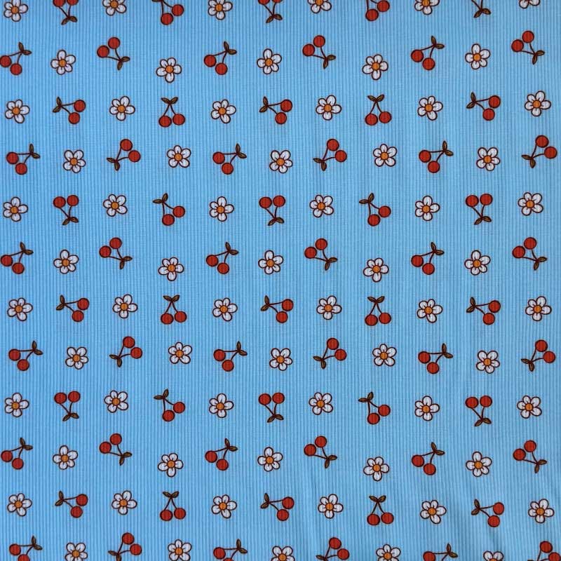 Rib jersey med blomster og kirsebær på blå bund - KreStoffer