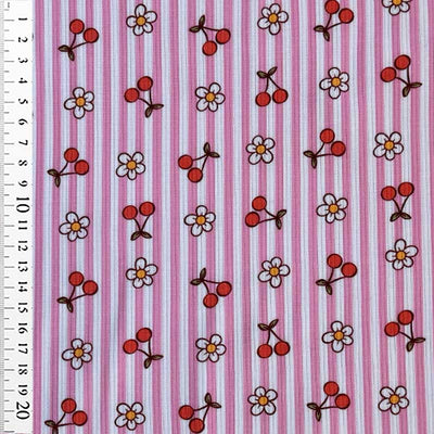 Rib jersey med blomster og kirsebær på en stribet bund - KreStoffer
