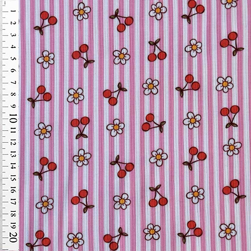 Rib jersey med blomster og kirsebær på en stribet bund - KreStoffer