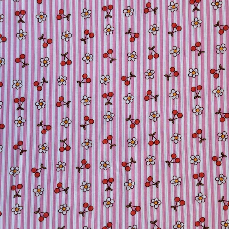Rib jersey med blomster og kirsebær på en stribet bund - KreStoffer
