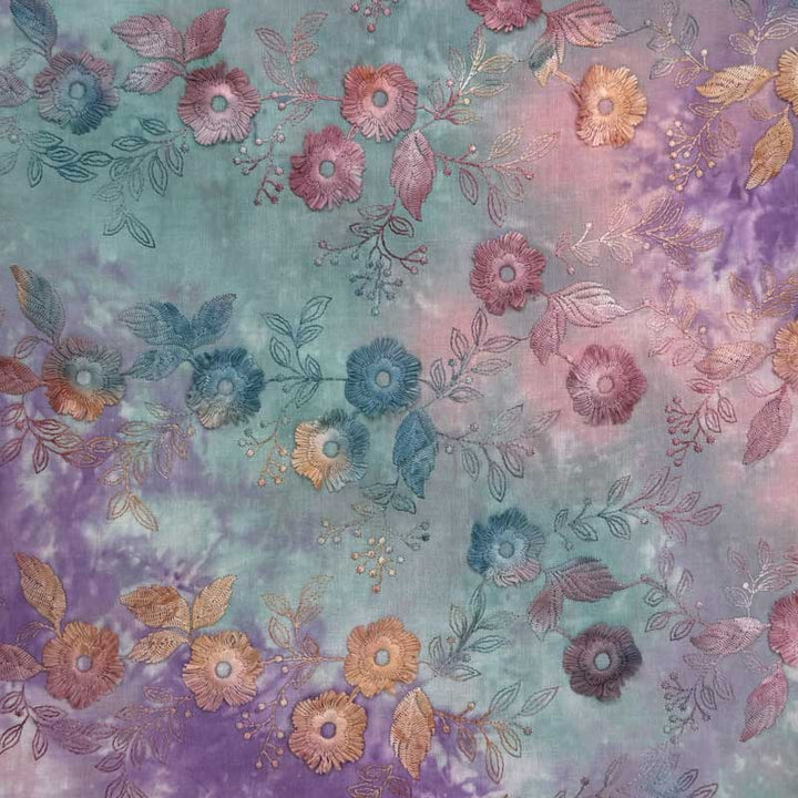 Tie Dye bomuld med broderet blomster I