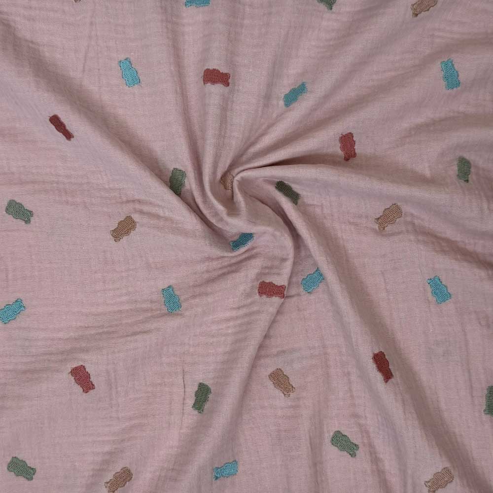 Dobbelt gauze i beige med vingummi bamser i flere farver
