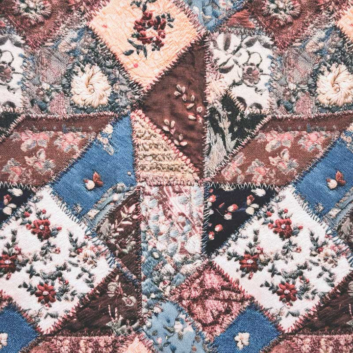 Fast bomuld twill med printet patchwork og blomster