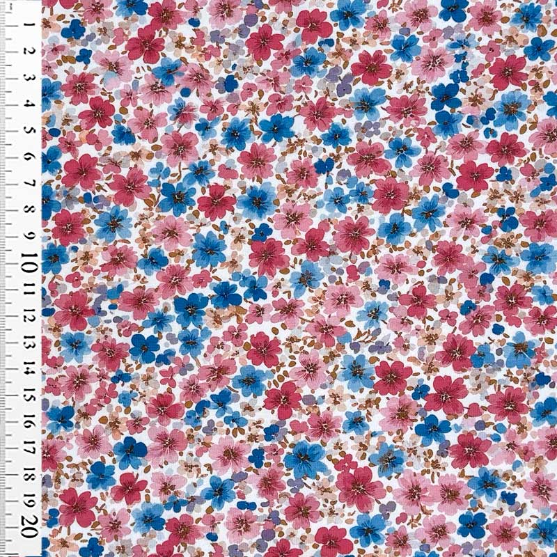 Bomuldsjersey med blå og rødlige blomster