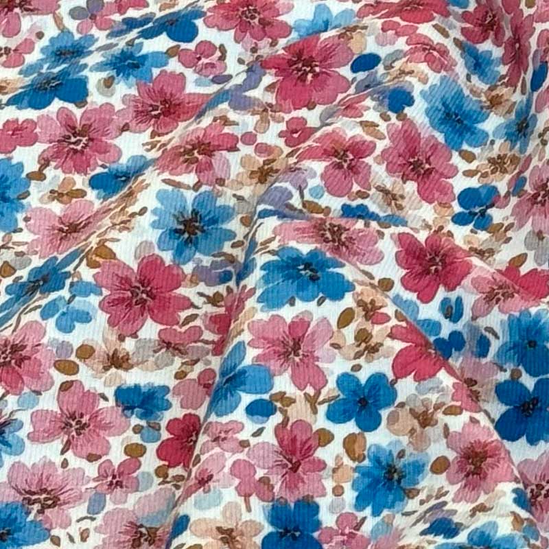 Bomuldsjersey med blå og rødlige blomster