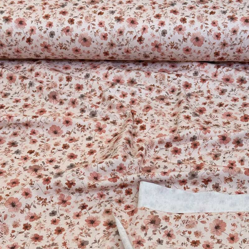 Bomuldsjersey med beige brune blomster
