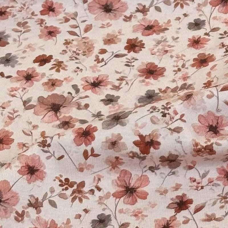 Bomuldsjersey med beige brune blomster