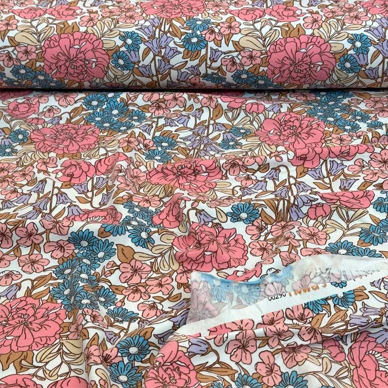 Bomuldsjersey med rosa og petrol blomster