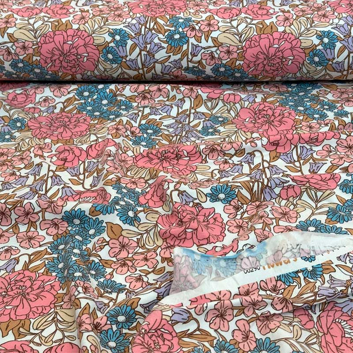 Bomuldsjersey med rosa og petrol blomster