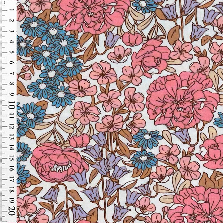 Bomuldsjersey med rosa og petrol blomster