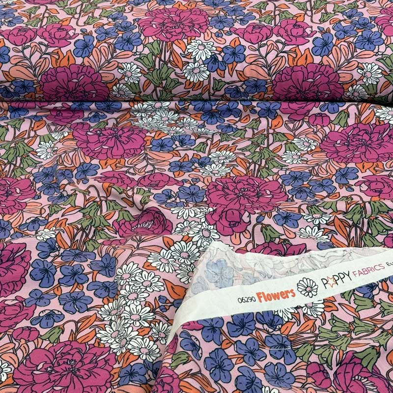Bomuldsjersey med pink og indigo blomster