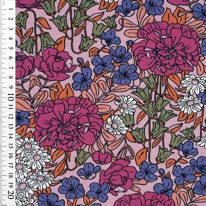 Bomuldsjersey med pink og indigo blomster