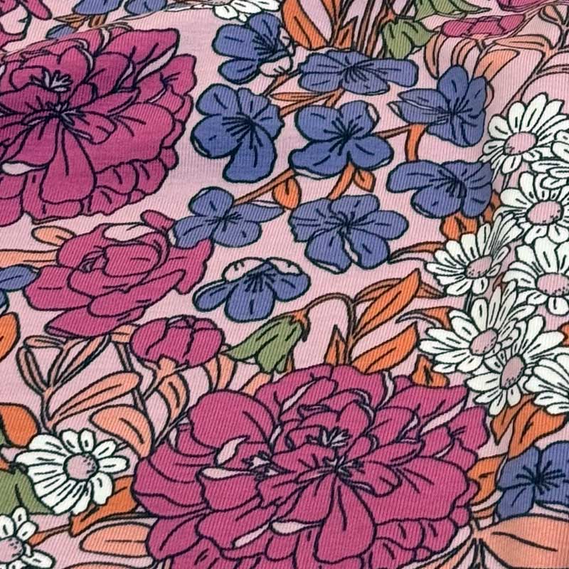 Bomuldsjersey med pink og indigo blomster
