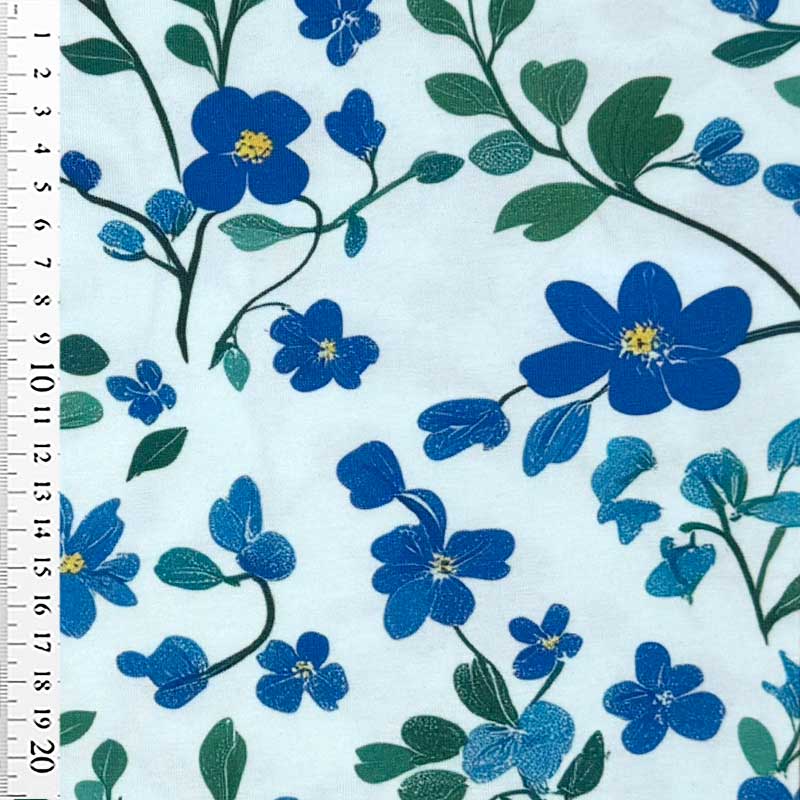 Bomuldsjersey med blå blomster og blade