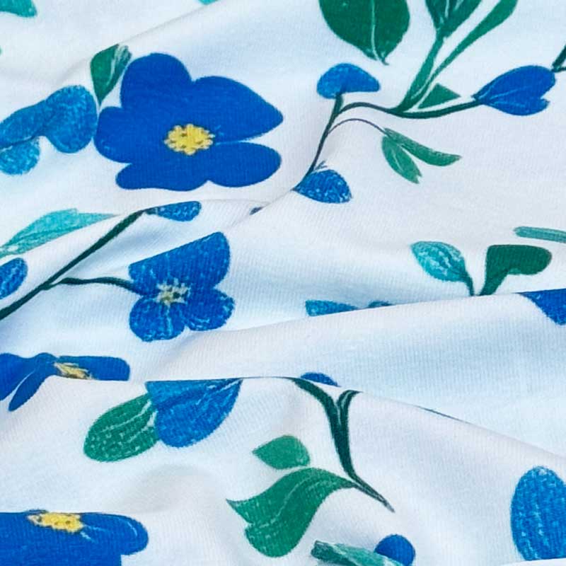 Bomuldsjersey med blå blomster og blade