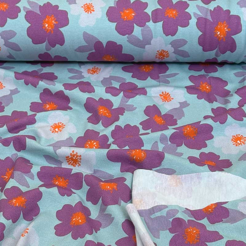 Bomuldsjersey med lilla smørblomster