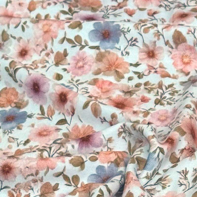 Bomuldsjersey med lyse romantiske blomster