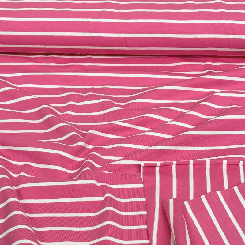 Bomuldsjersey med pink og hvide striber