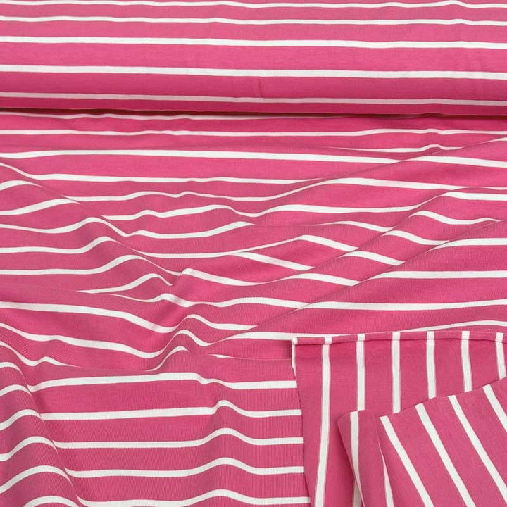 Bomuldsjersey med pink og hvide striber